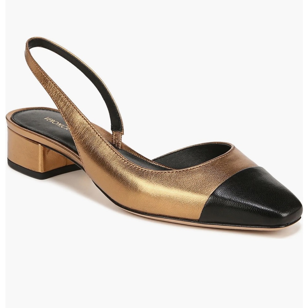 New Veronica Beard Metallic Gold Cecile Half d'Orsay Slingback Low Heel Shoes - Picture 2 of 7